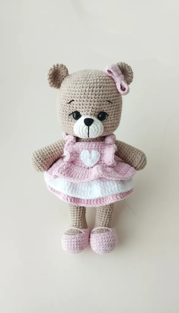 Knitted Pink Dress Teddy Bear Baby Toy - Handmade Gift