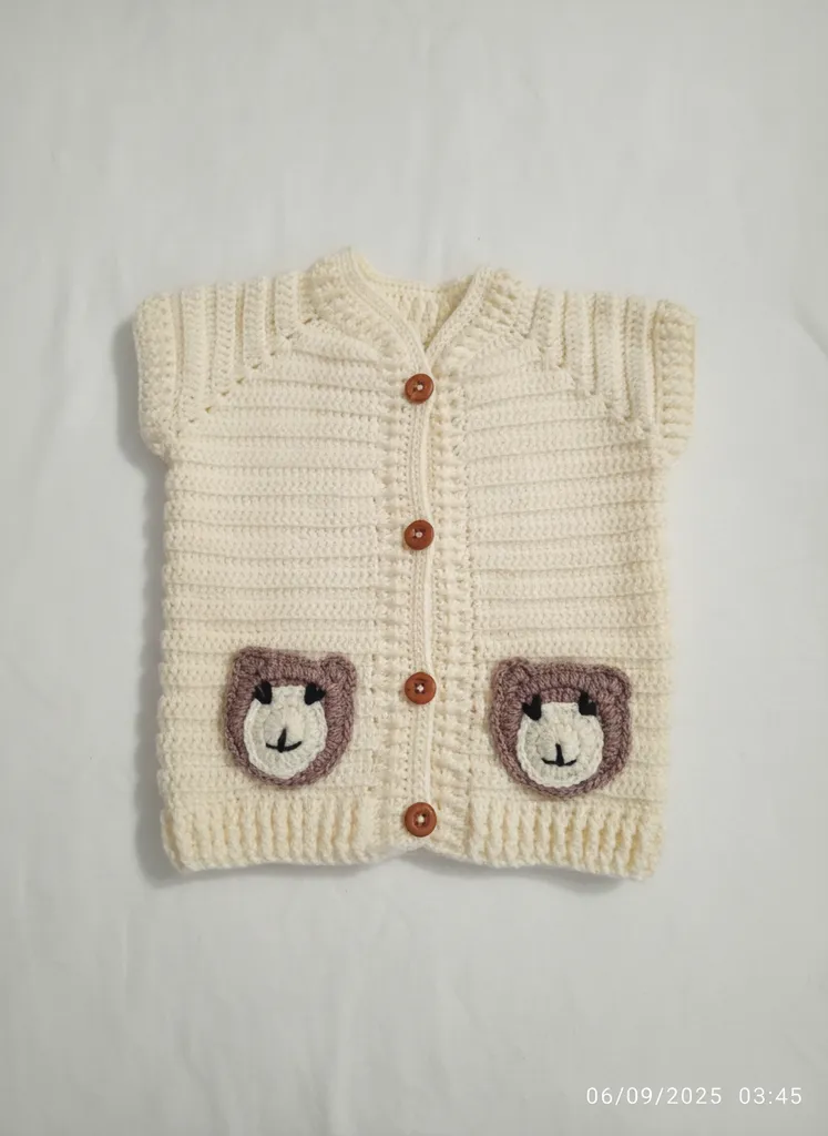 Krem Rengi Ayıcık Desenli Örgü Bebek Yeleği - El Emeği