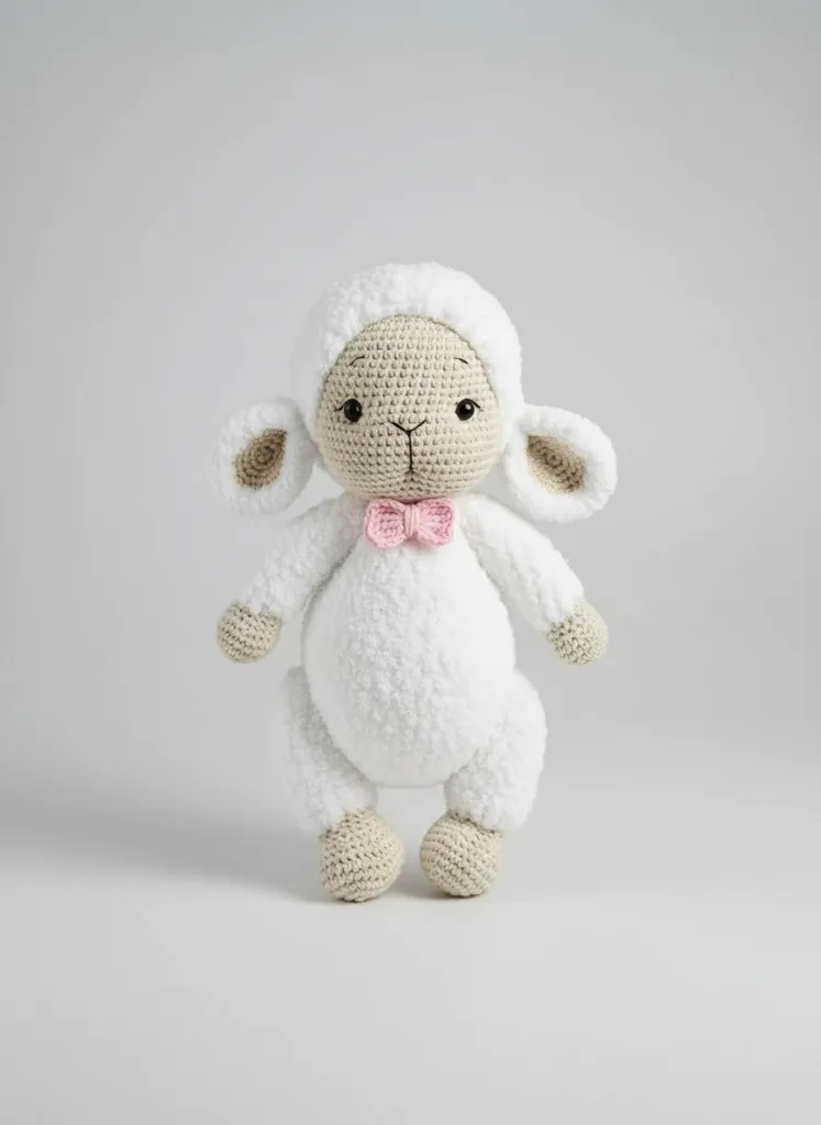 Beyaz Örgü Kuzu Oyuncak - Pembe Fiyonklu, El Emeği Bebek Oyuncak