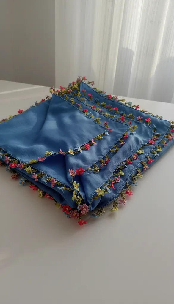 Mavi Renkli Çiçek Motifli Tülbent - El İğnesi Oya Kenarlı