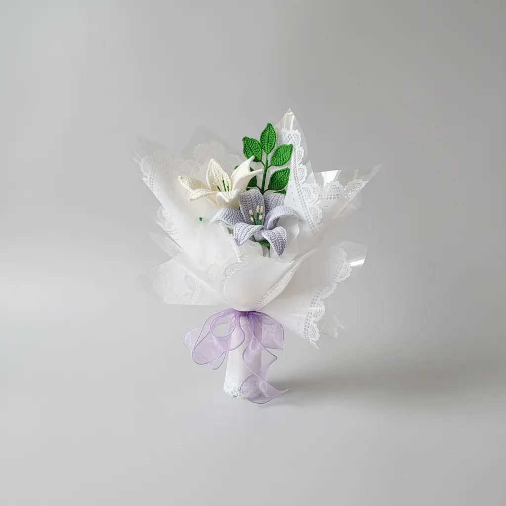 Knitted Lily Flower Bouquet - Handmade Pastel Tones 30 cm