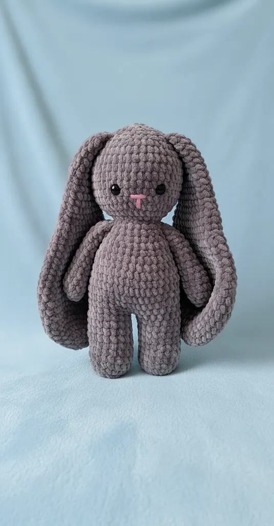 Gri Kadife İple Örülmüş Amigurumi Tavşan Oyuncak (30-35 cm)