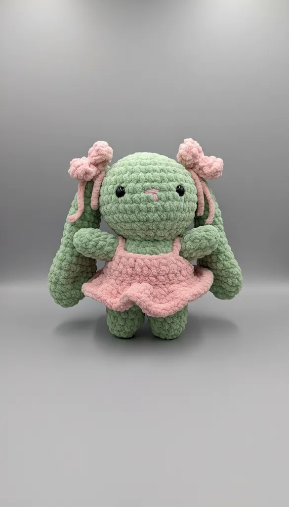 Green Amigurumi Rabbit Toy - Handmade from Velvet Yarn 25-30 cm