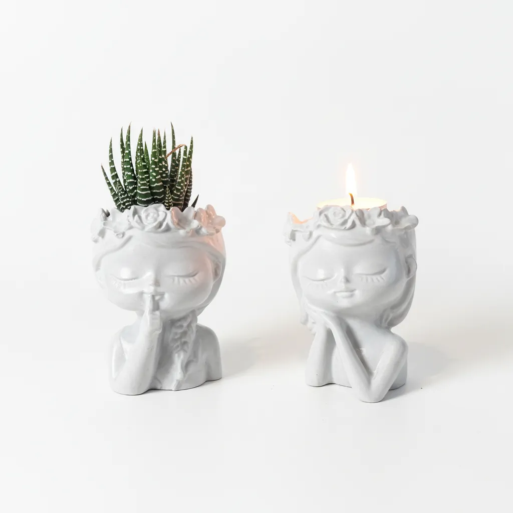 Decorative Set of Two Girl Figurine Planters and Candle Holders - Handmade