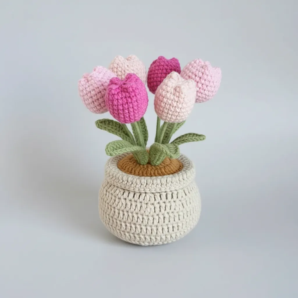 Knitted Tulip Bouquet - Handmade Potted Flowers from Cotton Yarn