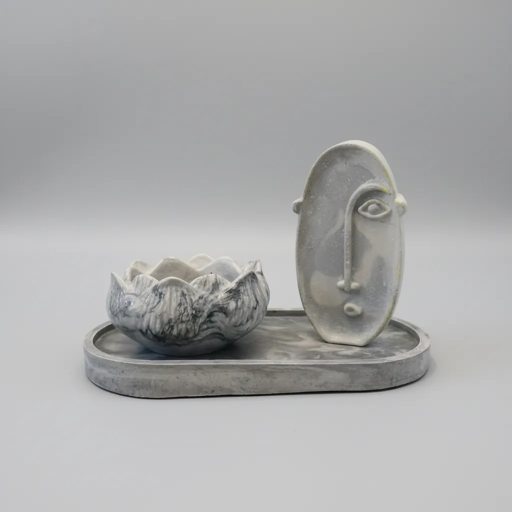 Beton Soyut Yüzlü Saksı ve Mermer Desenli Yuvarlak Saksı Seti