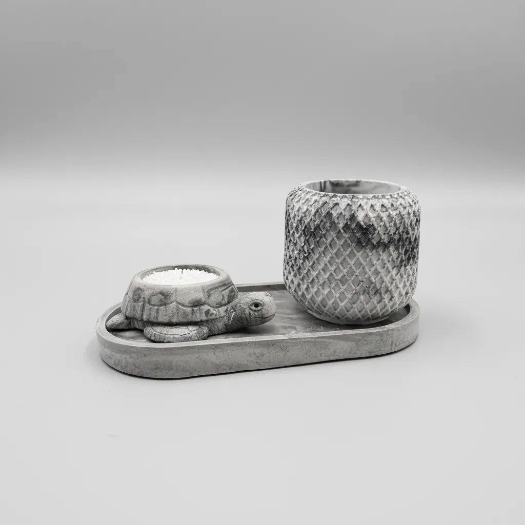 Kaplumbağa Figürlü Mumluk ve Desenli Vazo Seti - Beton Görünümlü