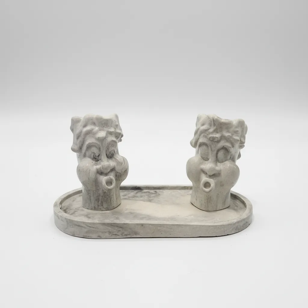 Beton İkili Surat Mumluk Şamdan - Yüz Motifli Dekoratif Tasarım