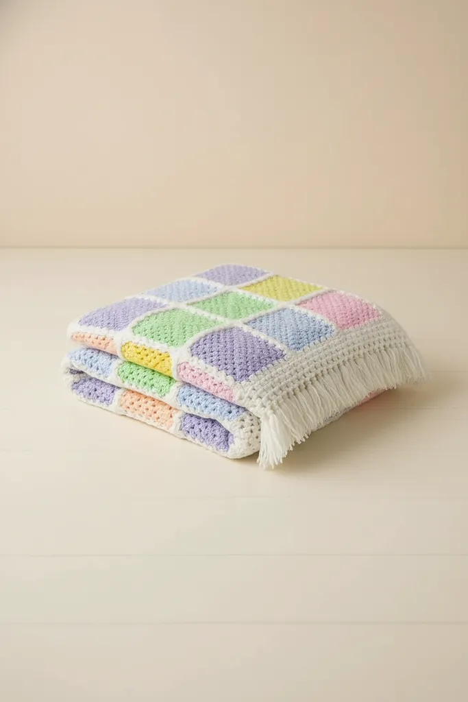 Renkli Kare Motifli Bohem Battaniye - Orta Boy El Yapımı Örgü