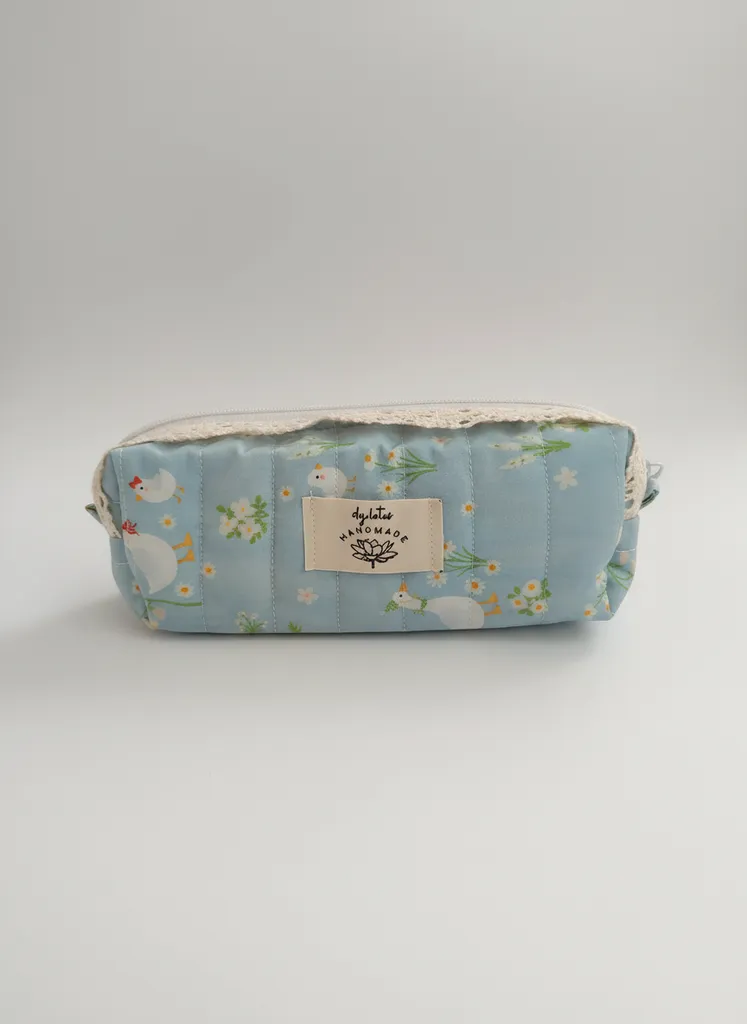 Mavi Ördek Desenli Kapitone Kumaş Kalemlik / Makyaj Çantası