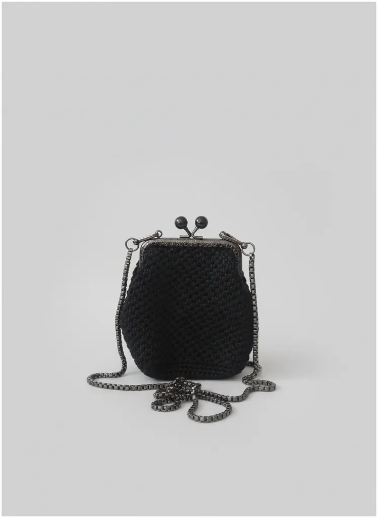 Siyah Örgü Boncuklu Burslu Zincirli Omuz Çantası - El Yapımı
