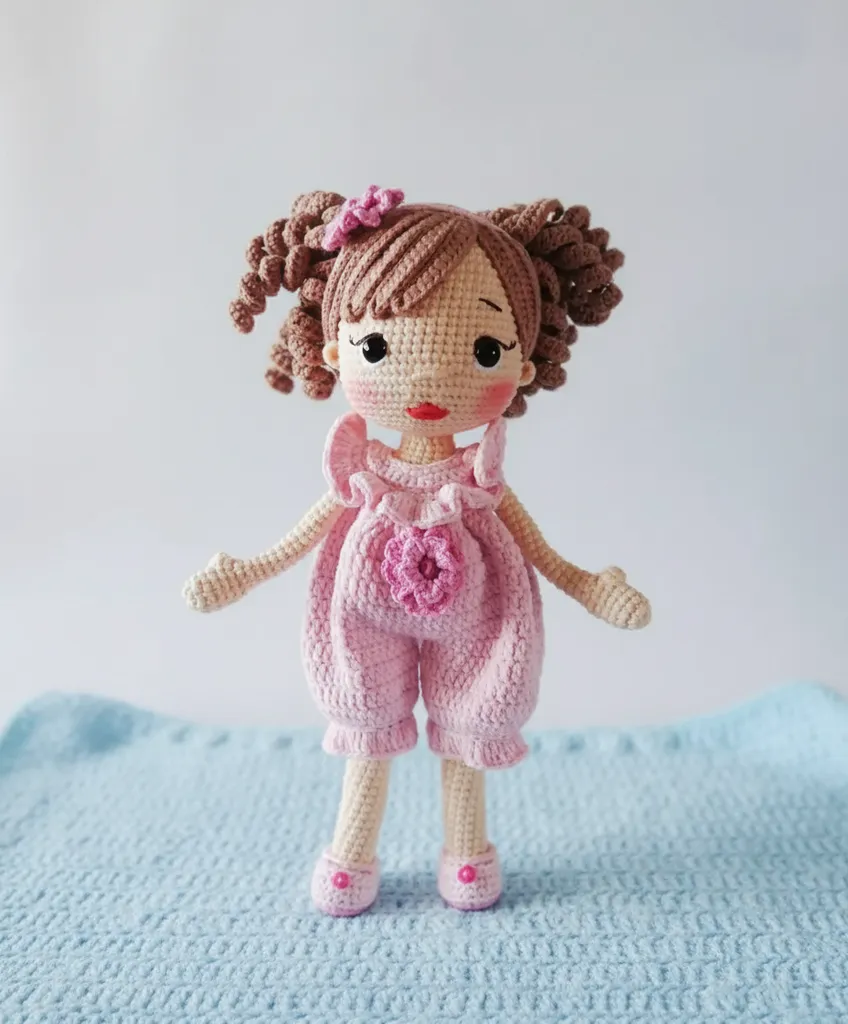 Pembe Tulumlu Amigurumi Oyuncak Bebek - 25 cm El Yapımı