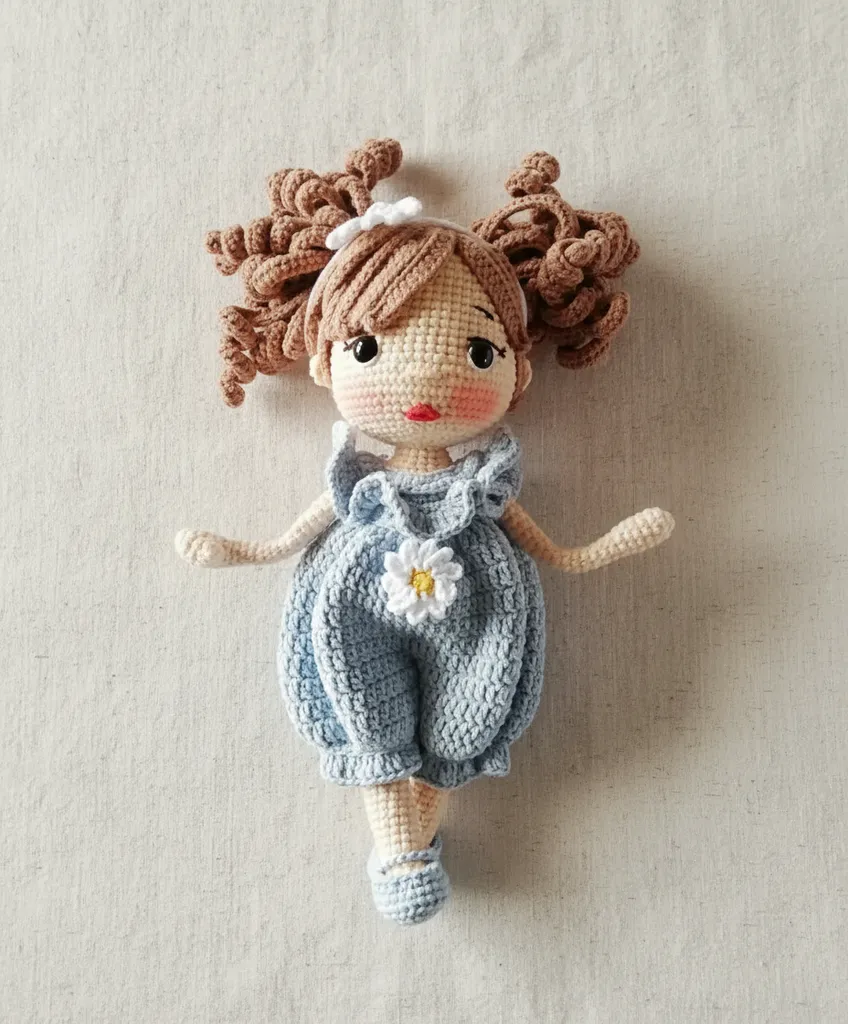 Mavi Elbiseli Papatya Detaylı Amigurumi Bebek - 25 cm - El Emeği