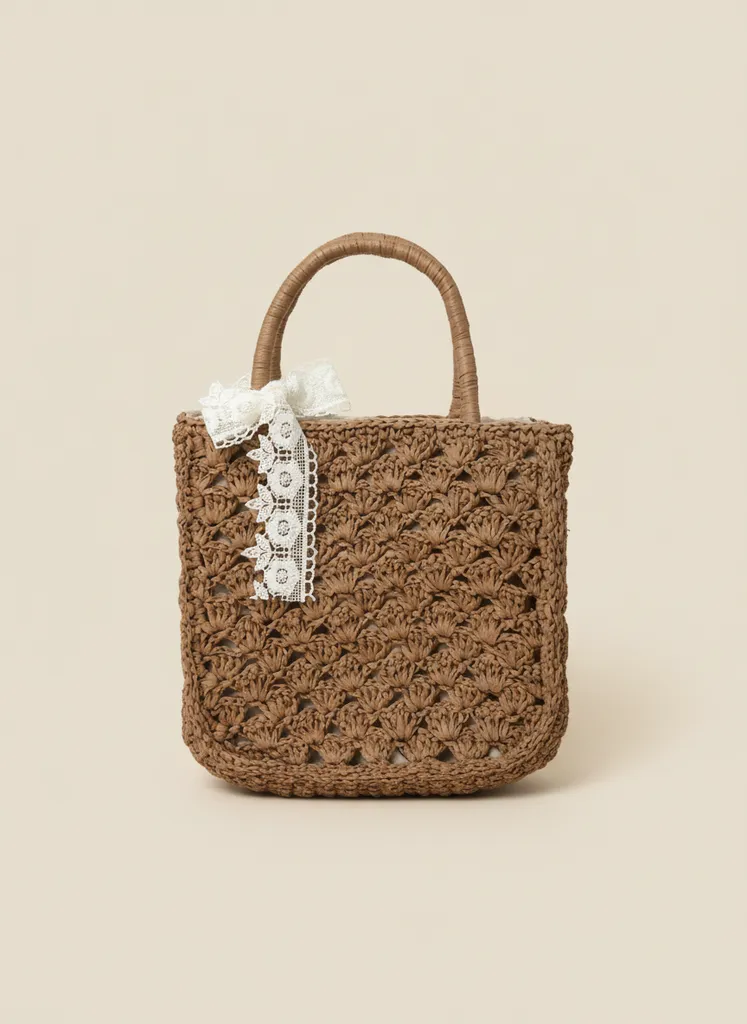 Kahverengi Rafya İpten Örme Çanta - Dantel Detaylı Şık Tasarım