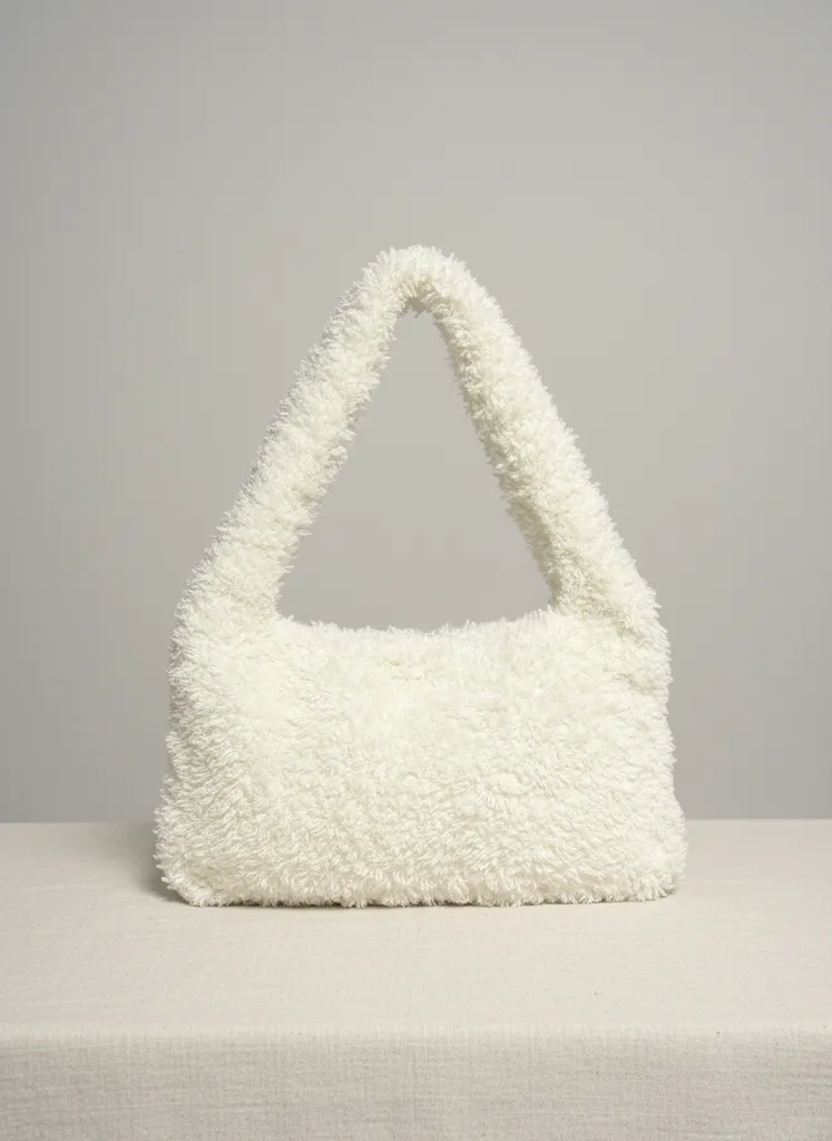 Beyaz Peluş Omuz Çantası - Büyük Boy El Örgüsü Tasarım