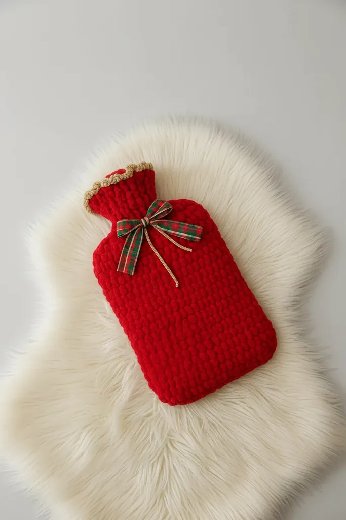 Red Knitted Hot Water Bottle Cover - Christmas Themed Handmade
