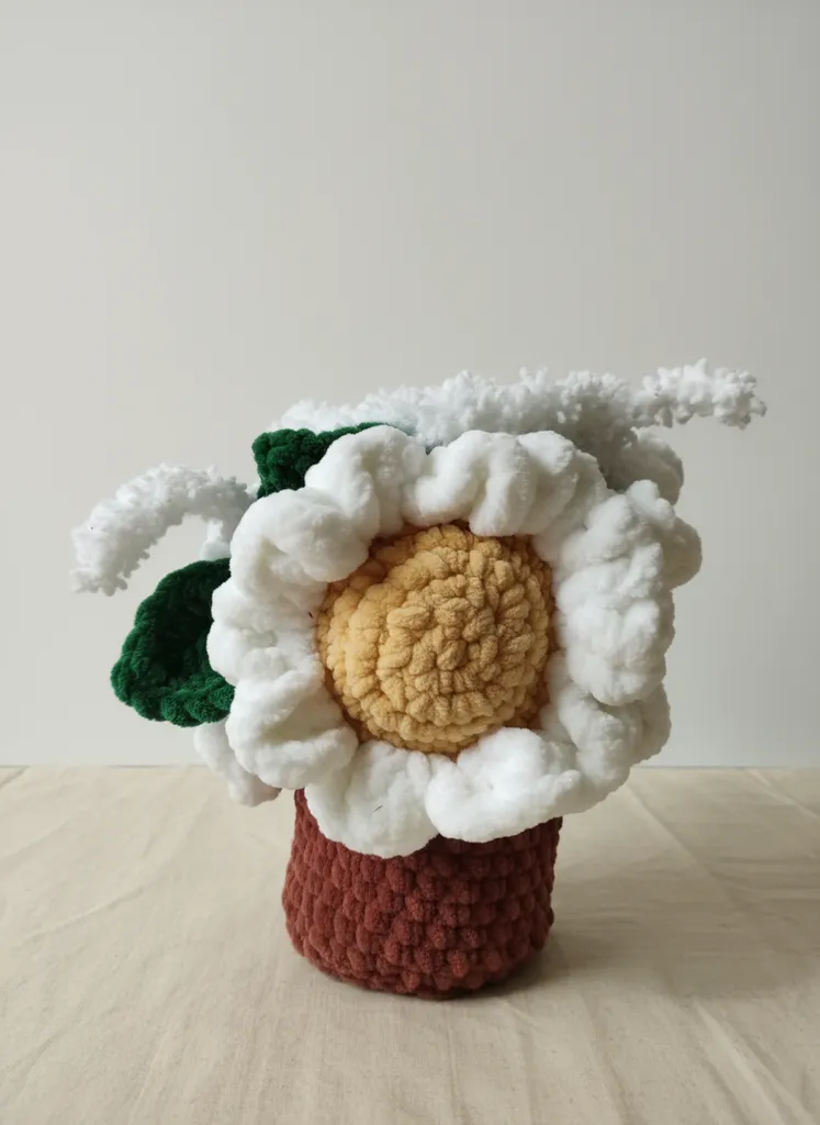 Kadife İpten Örülmüş Saksıda Papatya - 20 cm Boyunda El Emeği