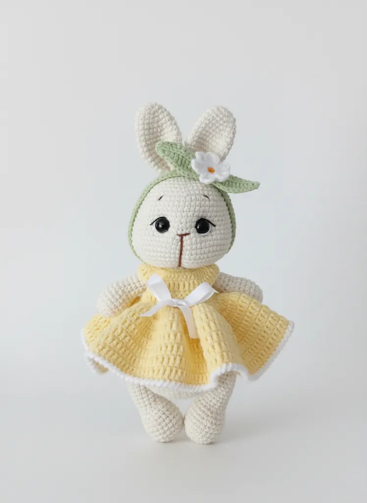 Sarı El Örgüsü Amigurumi Papatya Detaylı Tavşan Oyuncak Bebek