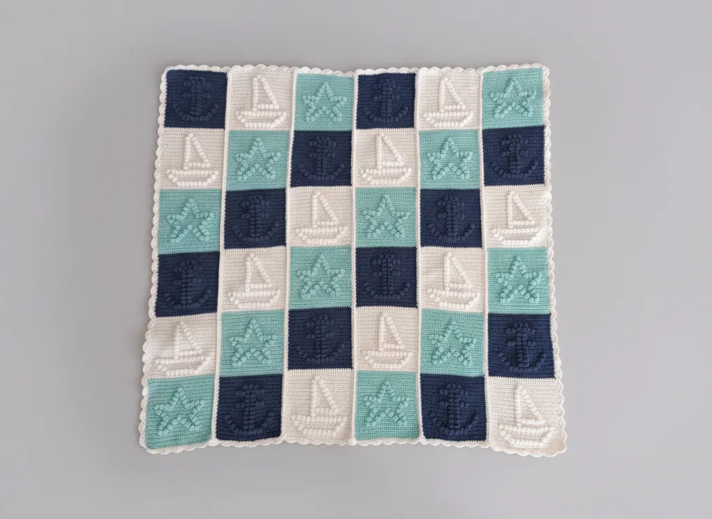 Deniz Temalı Örgü Popcorn Bebek Battaniyesi - El Emeği