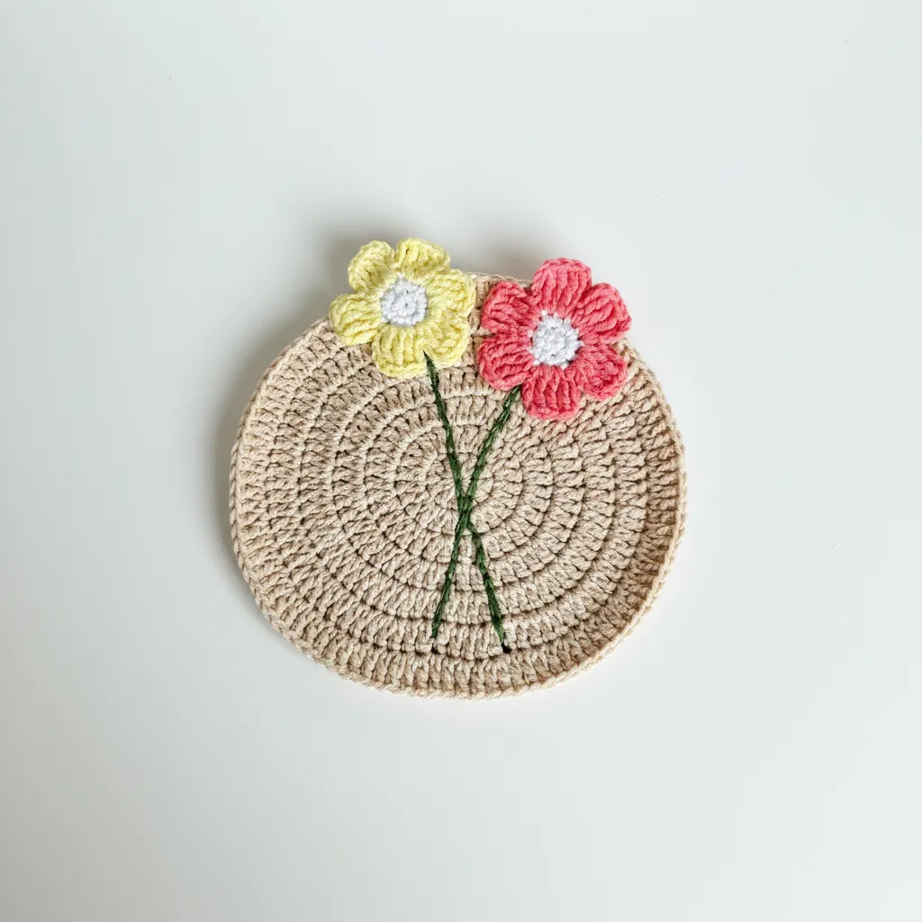 Örgü Çiçek Motifli Tabak Altlığı - El Emeği Yuvarlak Bardak Altlığı