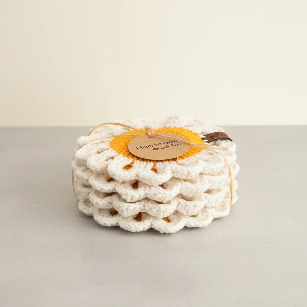 Sarı Papatya Desenli Örgü Tabak Altlığı - 6'lı Set - El Emeği