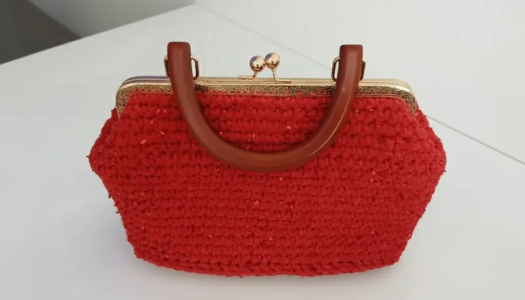 Kırmızı Tüylü İp Örgü İnci Detaylı Burslu Kulp El Çantası