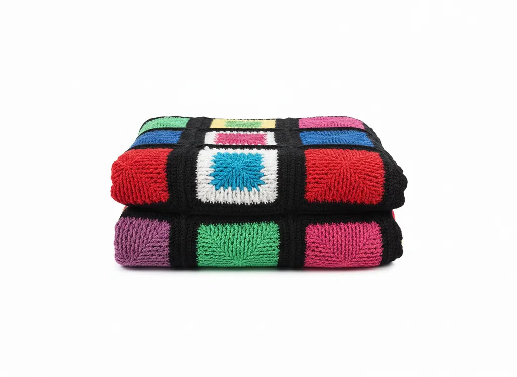 Çift Kişilik Siyah Kenarlı Renkli Motifli Tığ İşi Battaniye - El Emeği