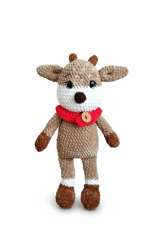 Kadife Amigurumi Geyik Oyuncak - El Yapımı, Kırmızı Atkılı