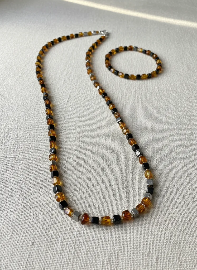 Kehribar Taşlı Unisex Kolye ve Bileklik Takımı - Doğal Taş