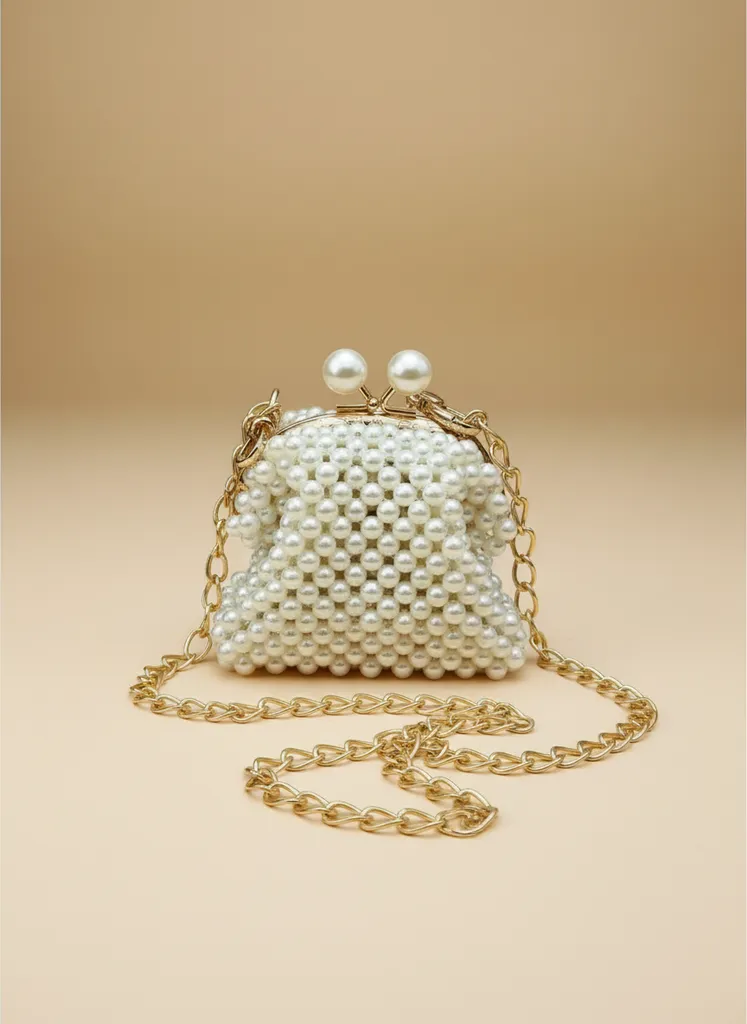 İnci Boncuklu Gold Zincir Detaylı Portföy Çanta - Özel Tasarım
