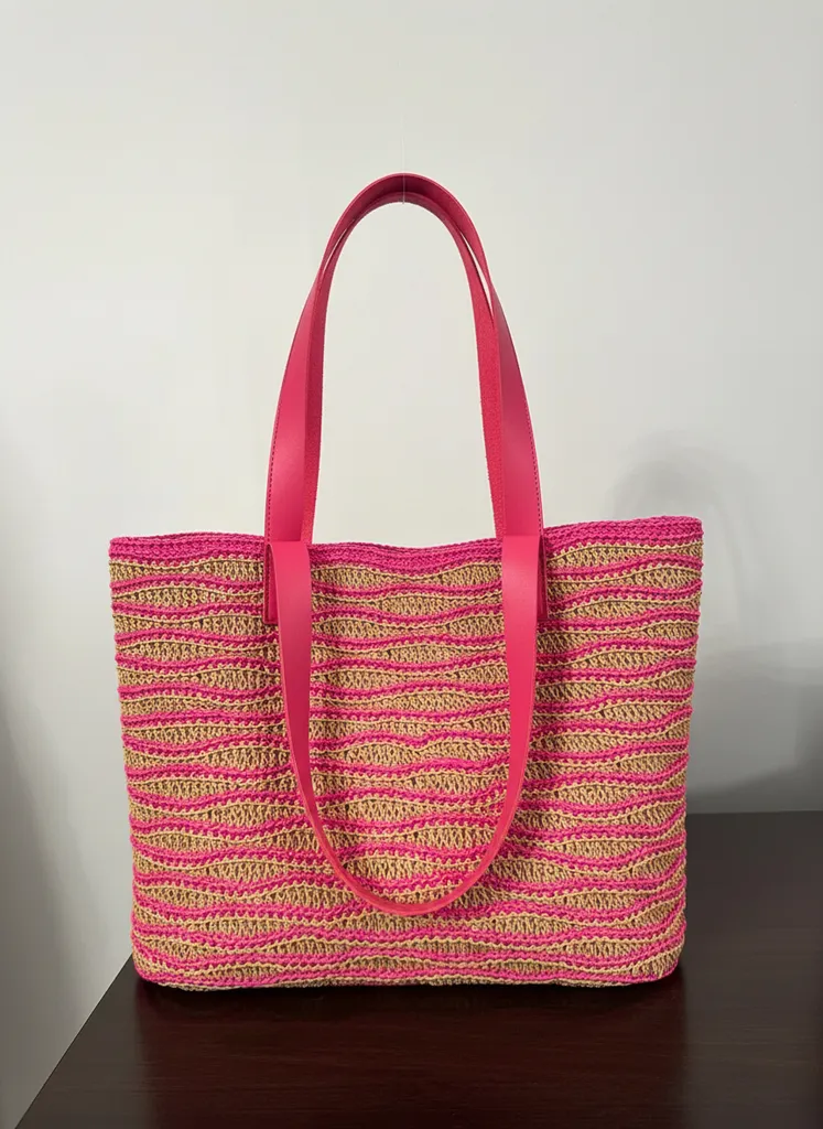Fuşya ve Hasır Renkli Kağıt İp Örgü Omuz Çantası - El Emeği