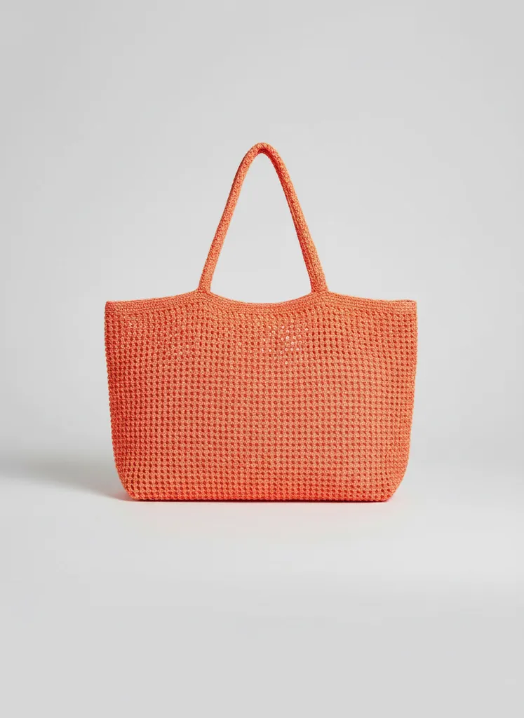 Neon Turuncu Örgü Omuz Çantası - Makrome İp İşlemeli Plaj Çantası