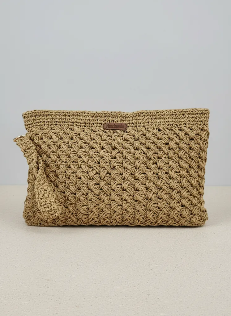 Doğal Tonlu Örgü Clutch Çanta - Hasır Görünümlü El Yapımı