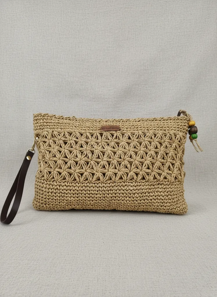 Hasır Görünümlü Yıldız Desenli Örgü Clutch Çanta - El Yapımı