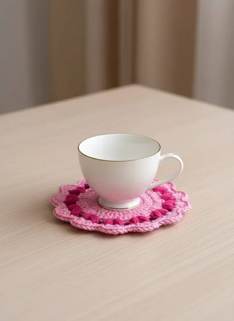 Pembe Örgü Bardak Altlığı - Çiçek Desenli, El Emeği