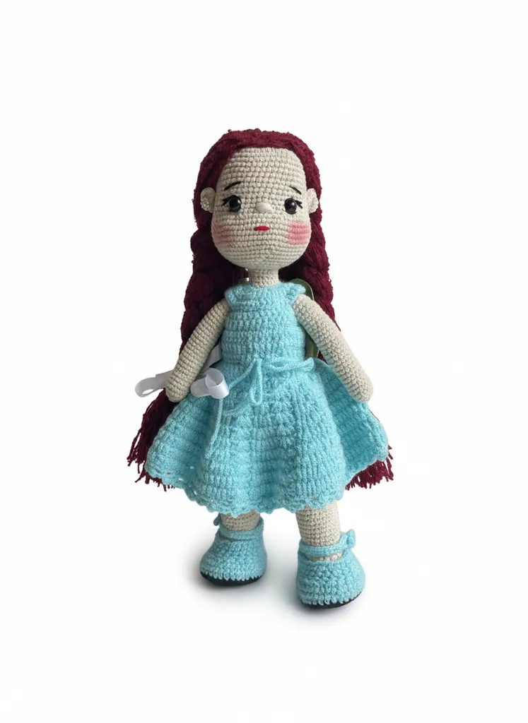 Mavi Elbiseli Kızıl Saçlı Amigurumi Bebek - Organik Pamuk Dolgulu