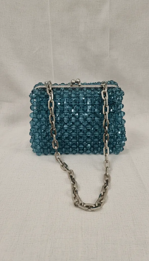 Turkuaz Şeffaf Kristal Boncuklu Zincir Askılı Çanta - El Yapımı