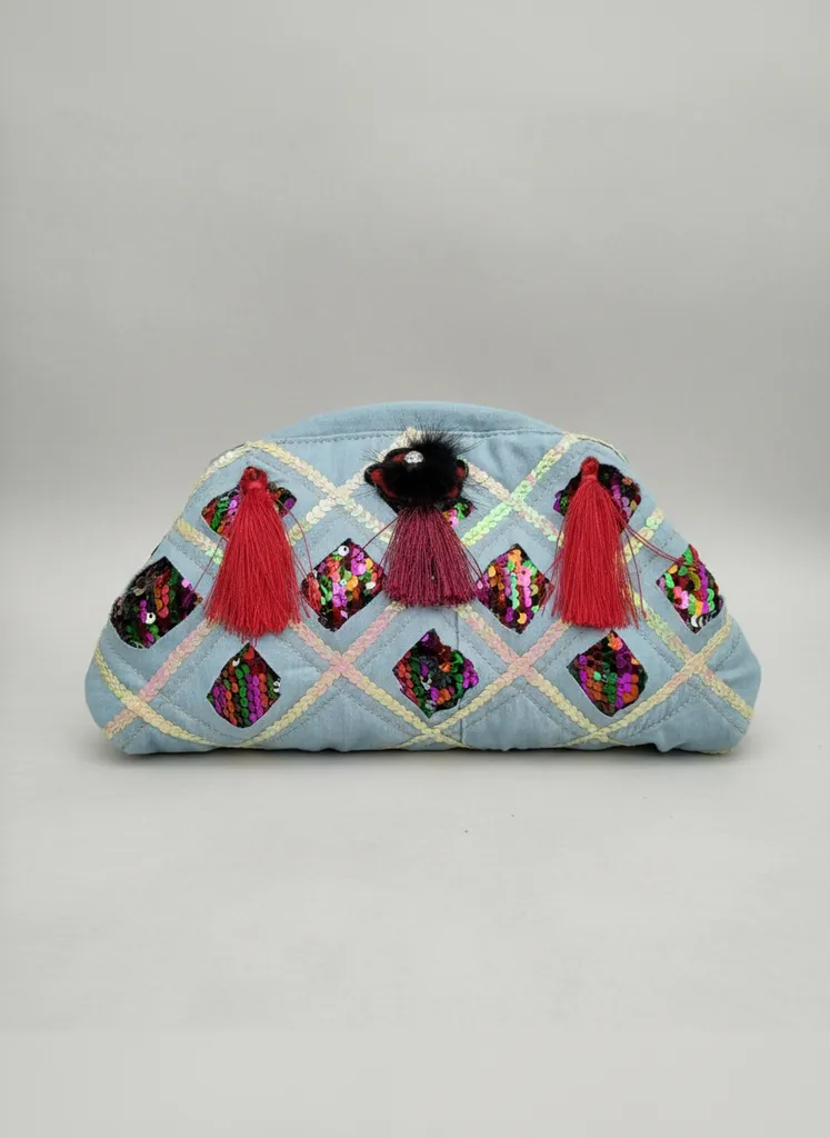 Kot Kumaş Çok Renkli Payetli Püsküllü Portföy Çanta - El Yapımı