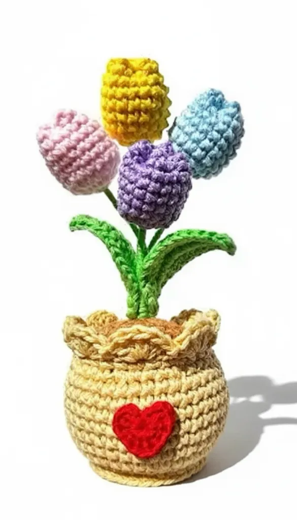 Örgü Karamel Saksıda Renkli Lale Buketi - El Emeği Dekoratif Çiçek