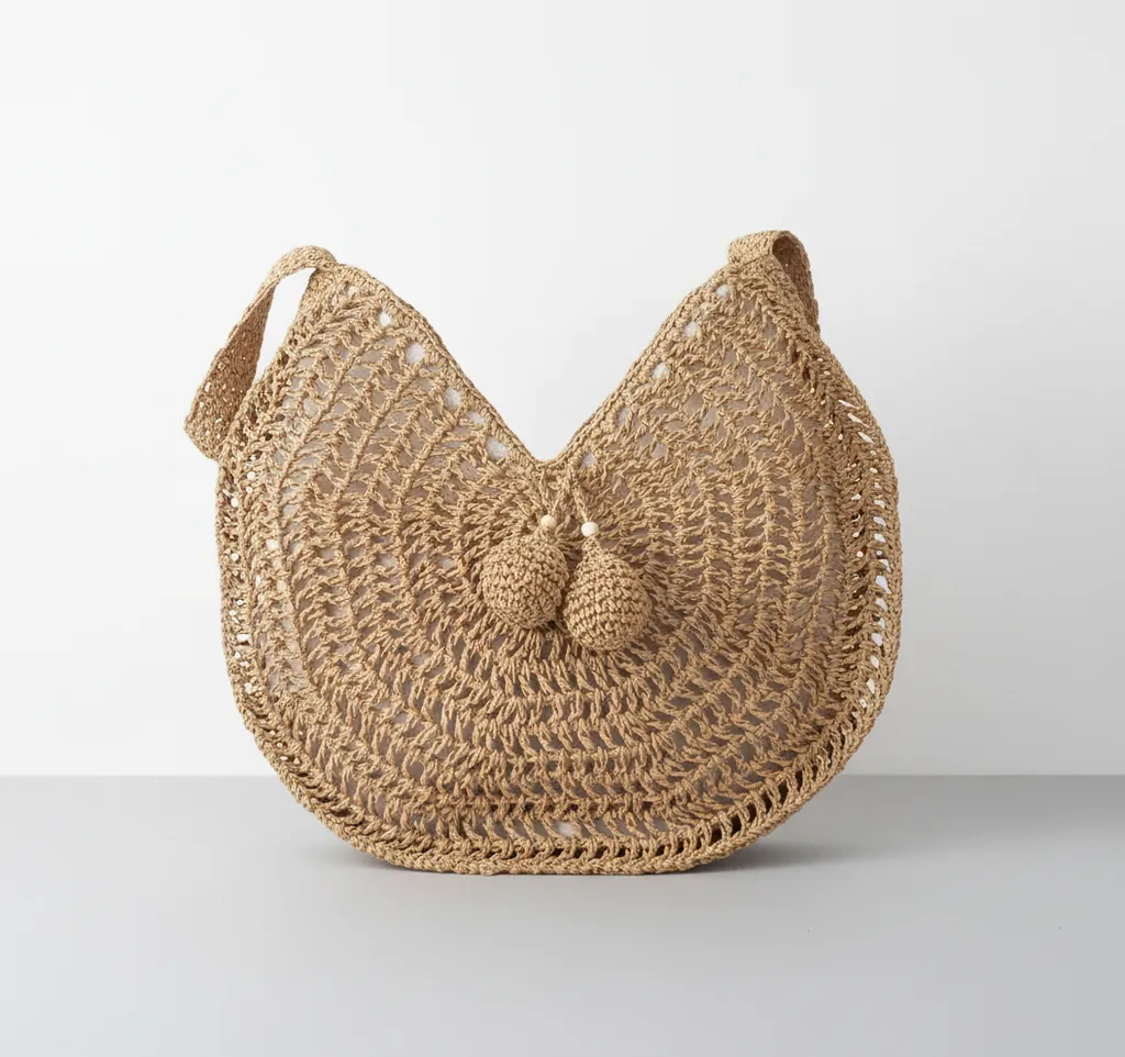 Hasır Örgü Omuz Çantası - Büyük Boy, Ponpon Detaylı, El Yapımı