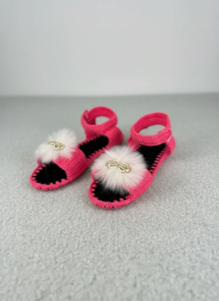 Pembe Örgü Ev Sandalet Terlik - Ponpon Detaylı - El Emeği