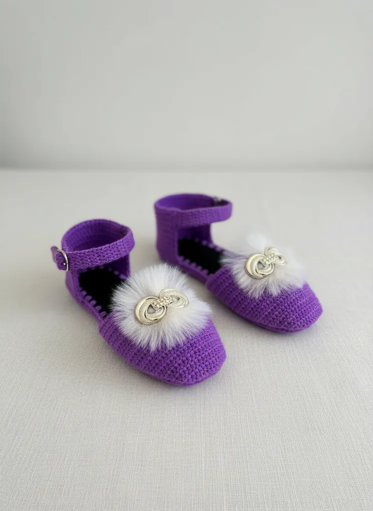 Mor Örgü Bebek Sandalet Ayakkabı - Tüylü Detaylı ve El Emeği