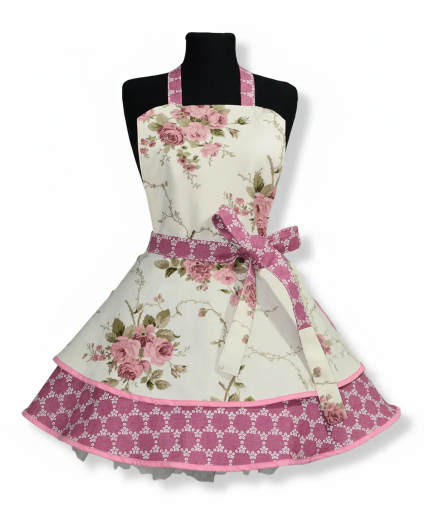 Çiçek Desenli Çift Etekli Retro Mutfak Önlüğü - El Yapımı Keten