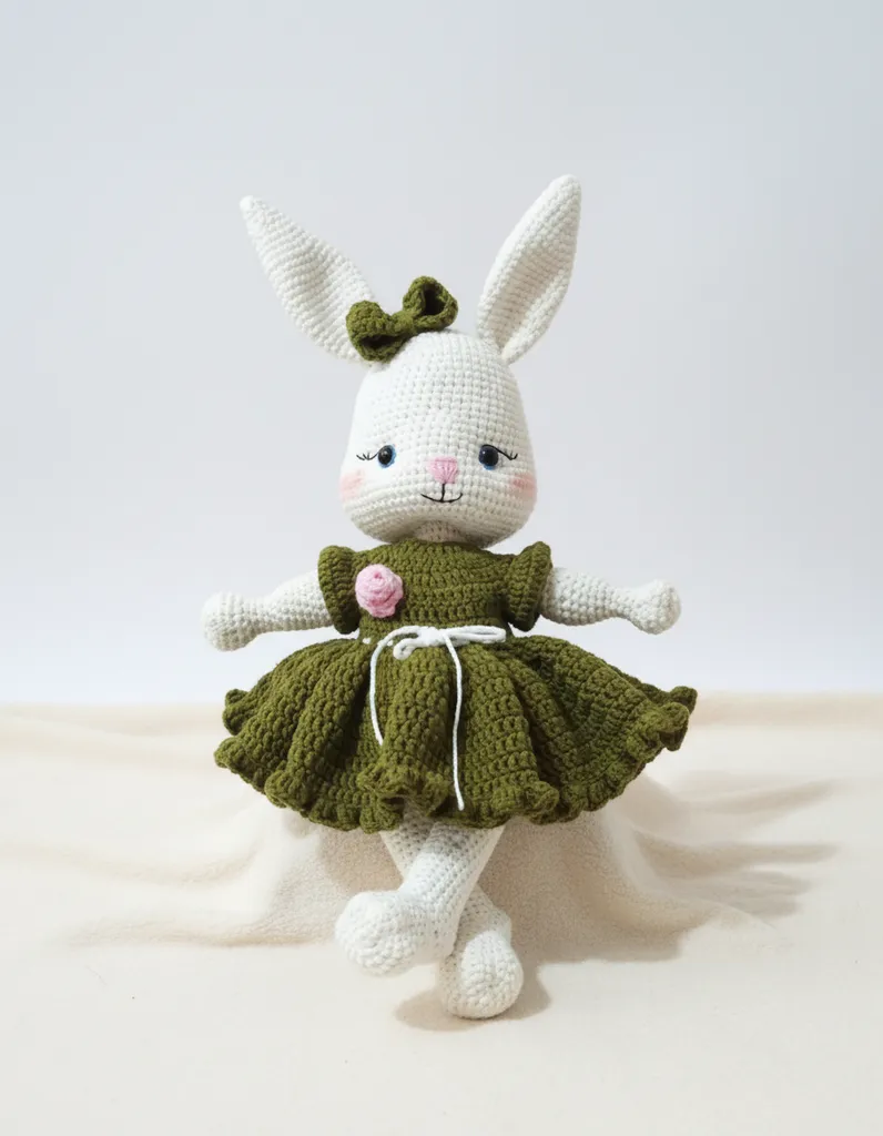 Örgü Oyuncak Tavşan Bebek - Yeşil Elbiseli, 30 cm Boyunda