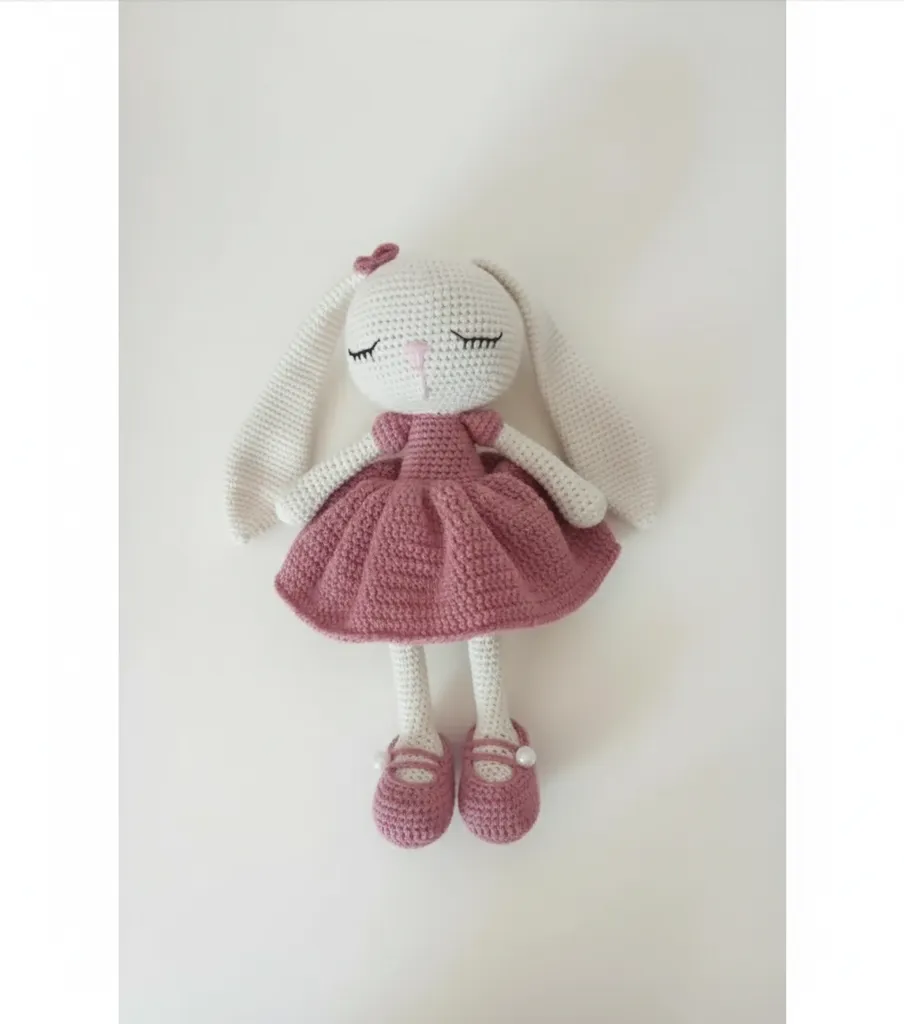 Örgü Oyuncak Tavşan Kız Bebek - Gül Kurusu Renkli ve El Emeği