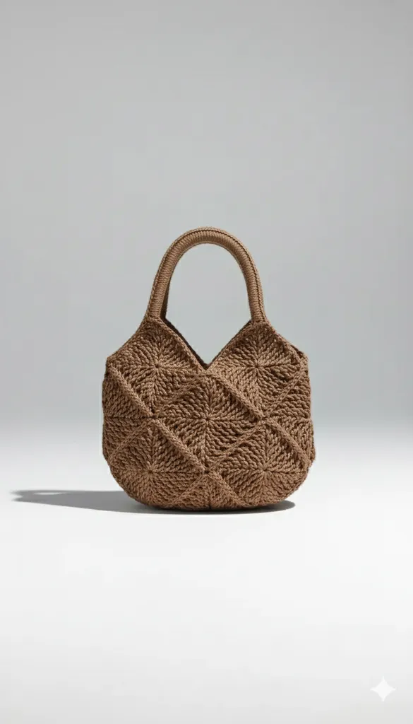 Kahverengi Mozaik Desenli Kağıt İp Örgü Omuz Çantası - El Emeği