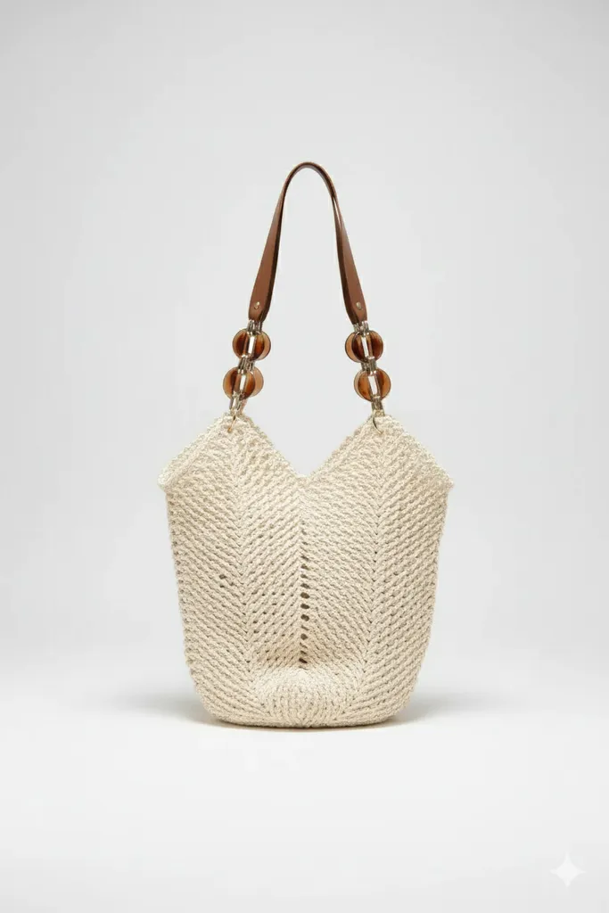 Krem Rengi Kağıt İp Mozaik Desenli Omuz Çantası - El Emeği