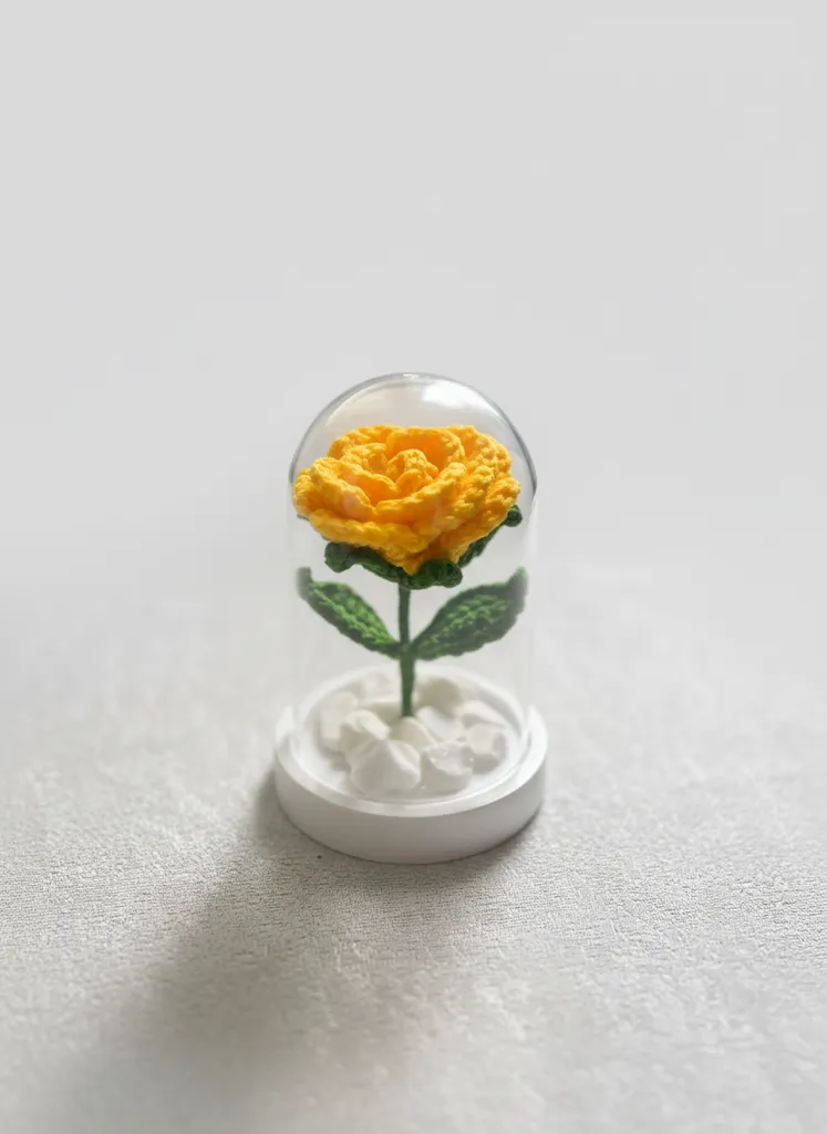 Örgü Sarı Gül - Plastik Fanus İçinde Dekoratif El Emeği