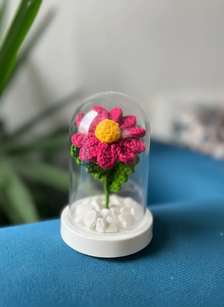 Fanus İçinde Fuşya Örgü Papatya Dekoratif Obje - El Emeği