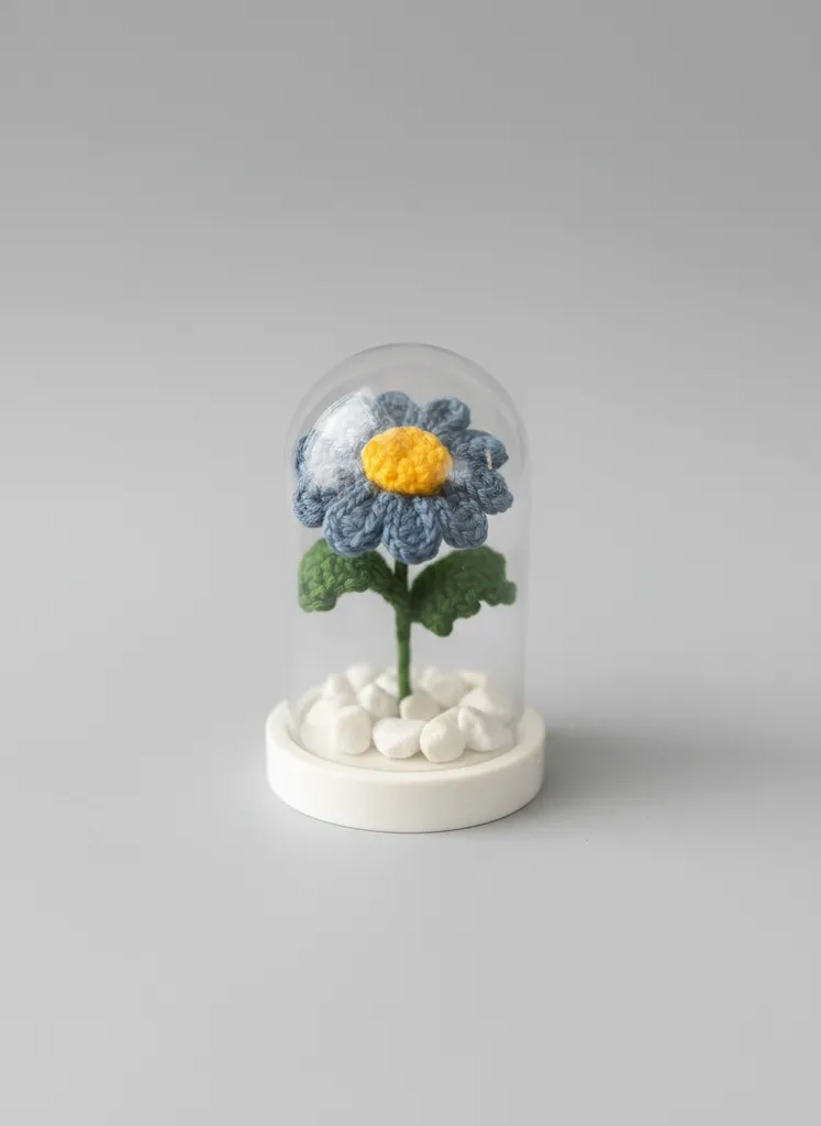 Örgü Mavi Papatya ve Yeşil Detaylı Mini Fanus Dekoratif Obje